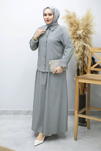 Tesettür Dünyası Σετ φούστας με πουκάμισο και τσέπες TSD260158 Γκρι