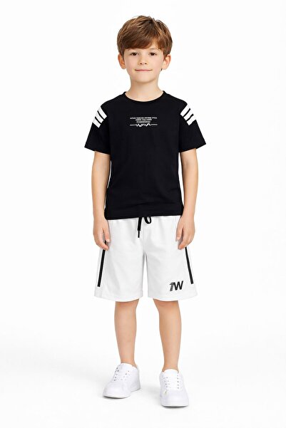 Cansın Mini Комплект тениска с черни райета и къси панталони за момчета 23771