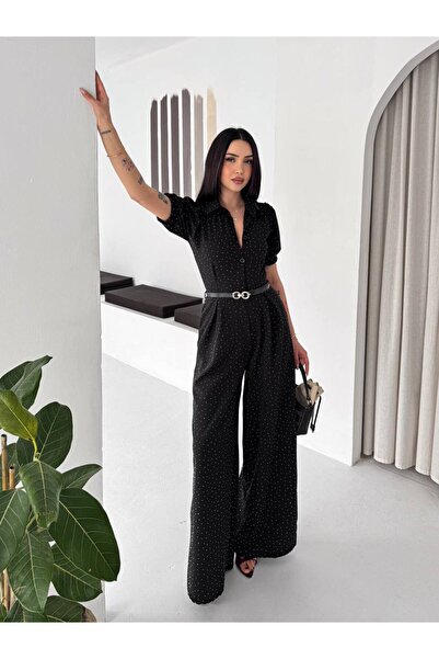 LOKADI Puantiyeli Kısa Kol Düğmeli Palazzo Pantolonlu Şık Günlük Tulum