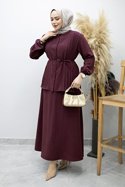 Tesettür Dünyası Σετ με πλισέ φούστα και δέσιμο TSD260173 Δαμασκηνί