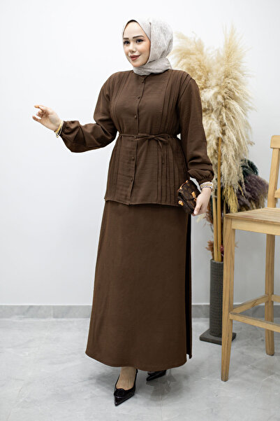 Tesettür Dünyası Σετ Φούστας με Πλισέ Σχέδιο και Δέσιμο TSD260173 Καφέ