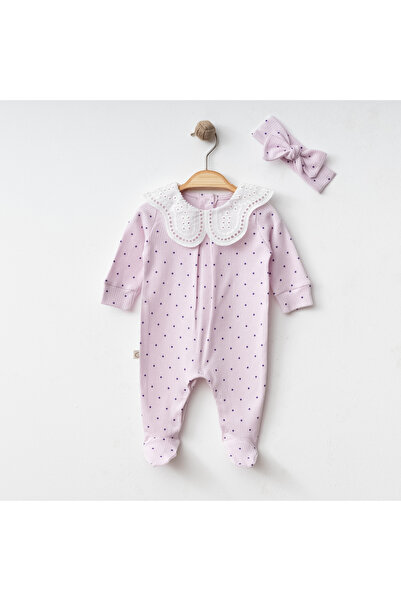 O Baby Puantiyeli Dantel Yaka Bebek Tulum Seti
