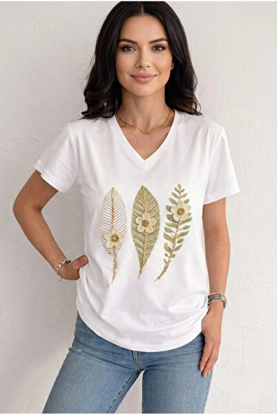 MetuCA Women's Ecru V-Neck Cotton T-Shirt with Leaf Pattern and Three-Dimensi...