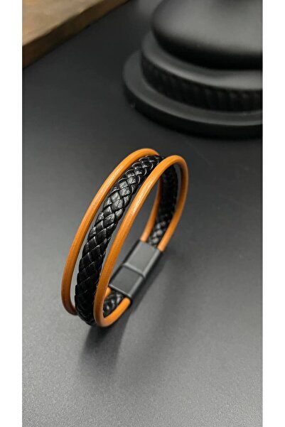 magıcgrange Handmade Leather Men's Bracelet with Knitted Detail – Premium Min...