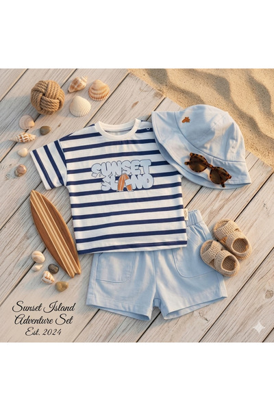 MYZİ STORE Baby Boy Hat 3-Piece Summer Cotton Set Striped T-Shirt Shorts Blue...