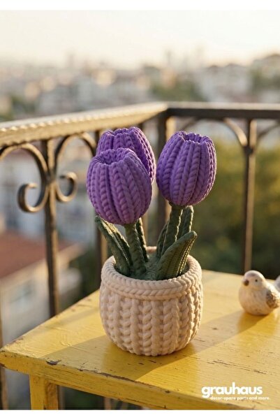 GRAUHAUS Dekoratif Örgü Lale Saksı Çiçek Lale Ev Balkon Dekoru Anneler Günü H...