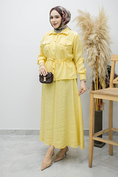 Tesettür Dünyası Σετ Φούστας με Τσέπες και Κορδόνι στη Μέση TSD260171 Κίτρινο