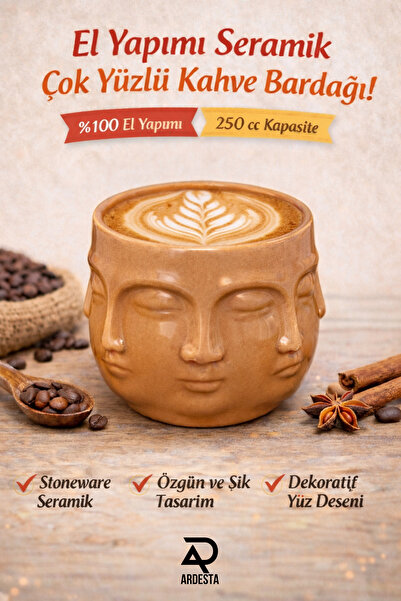 ardesta El Yapımı Seramik Suratlı Kahve Kupası 250 cc Stoneware Dekoratif Fin...