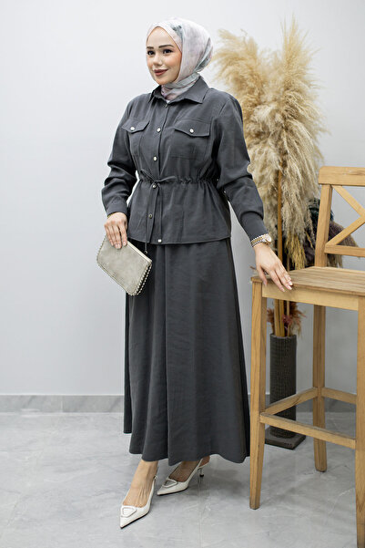 Tesettür Dünyası Σετ Φούστας με Κορδόνι στη Μέση και Τσέπες TSD260171 Καπνιστό