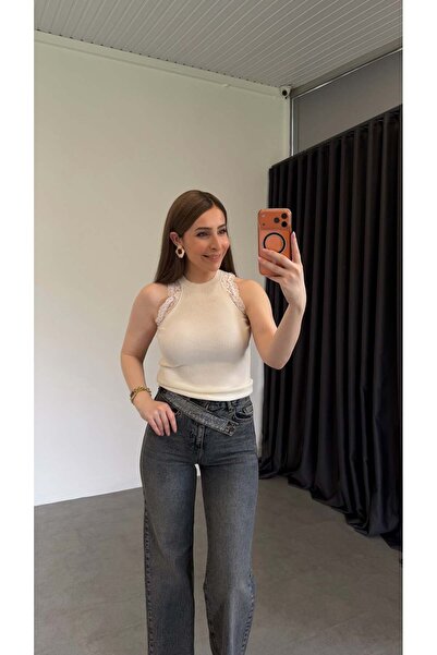 elif teke Petitoy Lace Ribbed Athlete Blouse Ecru