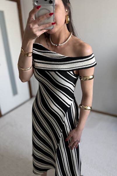 MoyStore Black and Beige Asymmetrical Striped Knitwear Design Midi Dress