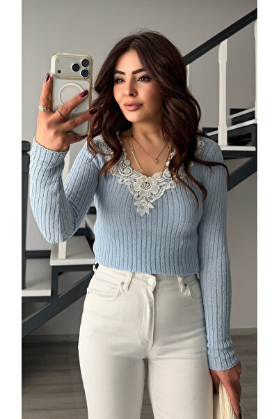 Oslove Baby Blue Collared White Lace Thin Knit Blouse