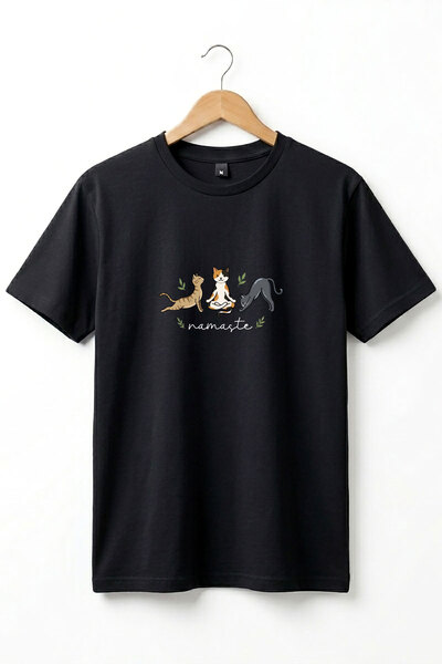 onsrawear Unisex Namaste Yoga Meditasyon Yapan Kediler Baskılı Pamuklu Basic ...