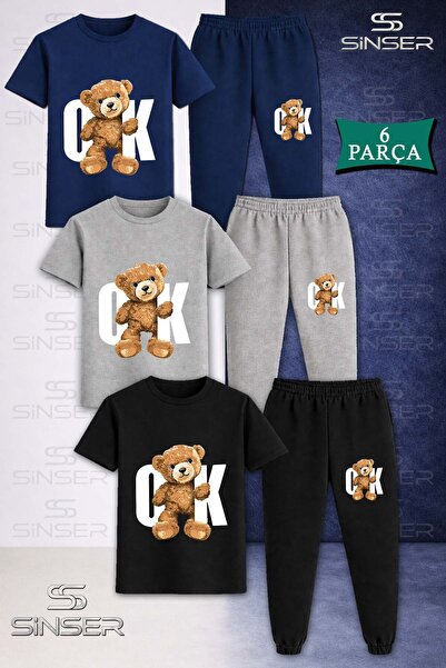 SS SİNSER Children's Unisex Bear White Printed 3-Piece T-Shirt Tracksuit Set