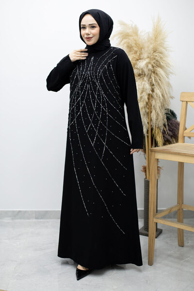 Tesettür Dünyası Φόρεμα με πέτρες στο λαιμό Hakim TSD260170 Μαύρο