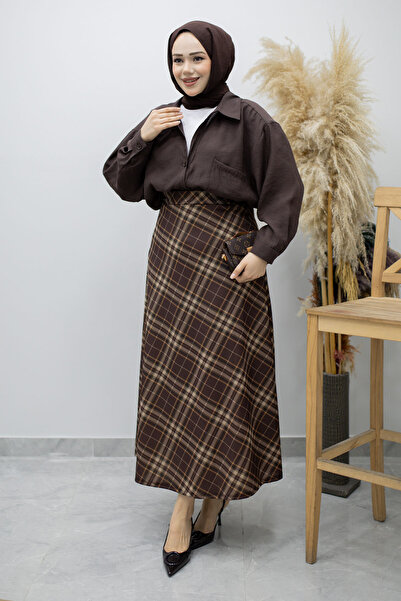 Tesettür Dünyası Καρό φούστα με ελαστική μέση TSD260168 Καφέ