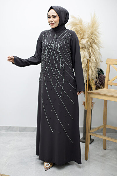 Tesettür Dünyası Φόρεμα με πέτρες στο γιακά Hakim TSD260170 Smoked