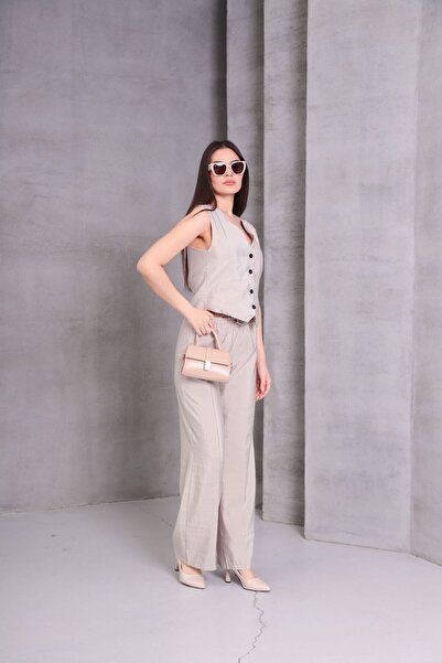 ELBİSHE Wide Leg Trousers and Vest Double Set