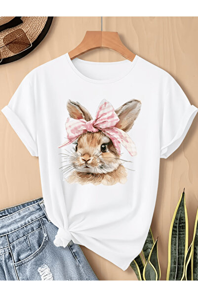 gencerco Μπλουζάκι Premium Oversize με στάμπα Πασχαλινό Κουνέλι με Ροζ Φιόγκο