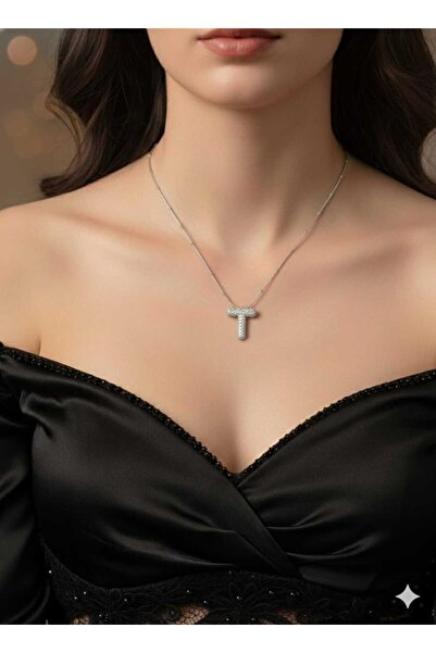livaz accessories Çelik Kadın Zirkon Taşlı T Harfli Balon Kolye