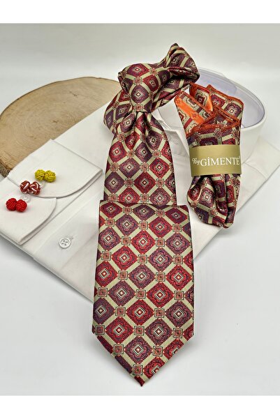 Gutiero Beige Burgundy Patterned Classic Tie with Handkerchief