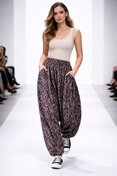 hoaryage Ύφασμα βισκόζης με σχέδιο λουλουδιών, παντελόνι σαλβάρι με τσέπες, 1...