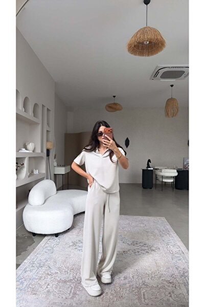 Buket Teke Μπεζ Βασικό Σετ από Ύφασμα Modal με Γιακά και Φαρδιά Μπατζάκια