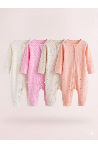 Next Baby Cotton Cream Pink Footless 4'lü Sleeping Romper Set