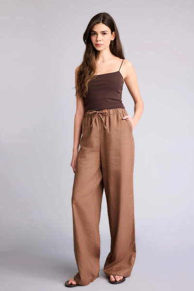 DeFacto E1981AXBN534 Καφέ παντελόνι με φαρδιά μπατζάκια, διπλές τσέπες, ελαστ...