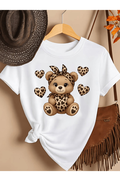 one button Μπλουζάκι Premium Oversize με στάμπα λεοπάρ και σχέδιο αρκουδάκι