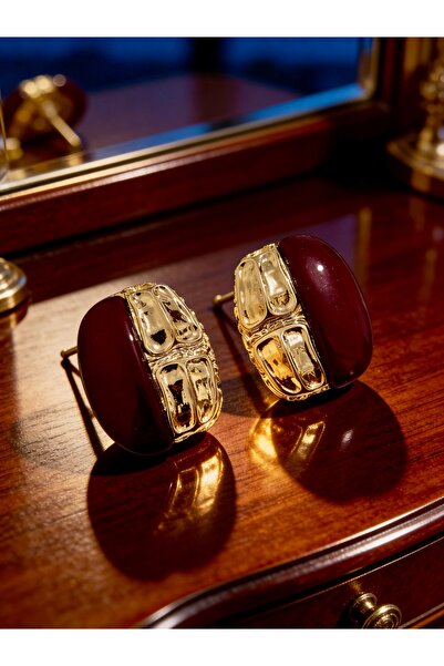 ayoljewelry Women's Gold Steel Burgundy and Gold Textured Large Earrings - Vi...
