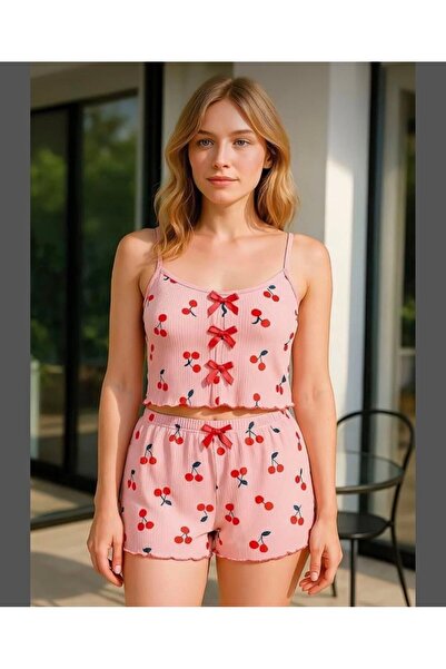 İntive Lingerie Σετ σορτς πιτζάμας με λεπτές τιράντες με σχέδιο ροζ κεράσι In...