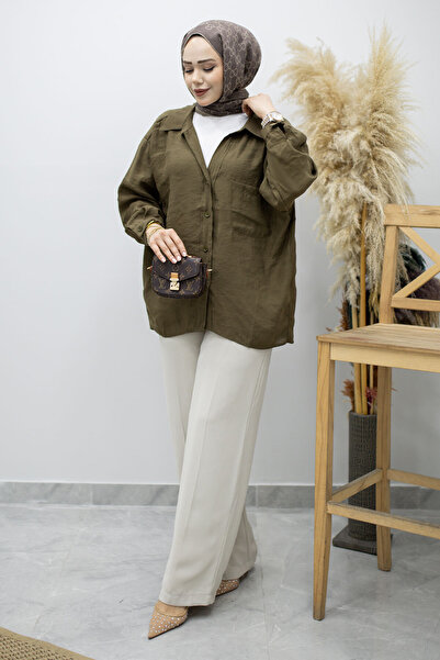 Tesettür Dünyası Πουκάμισο Oversize με τσέπες TSD260167 Χακί
