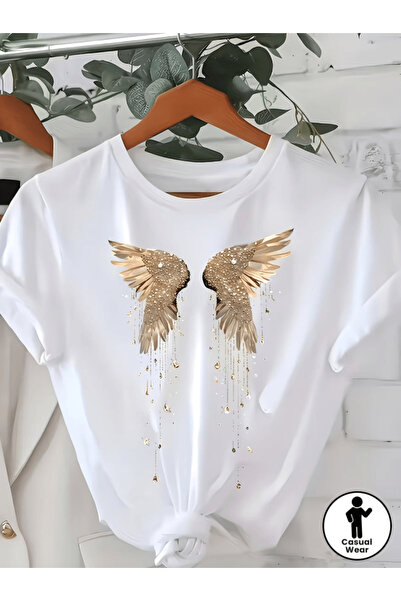 gencerco Μπλουζάκι Premium Oversize με στάμπα φτερού αγγέλου σε χρυσό χρώμα