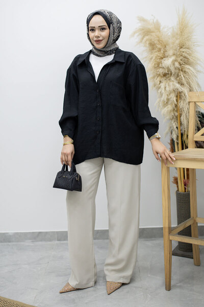 Tesettür Dünyası Πουκάμισο Oversize με τσέπες TSD260167 Μαύρο