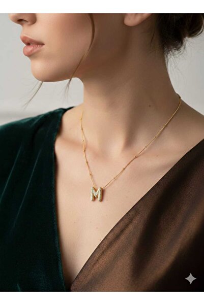 livaz accessories Çelik Kadın Zirkon Taşlı M Harfli Balon Kolye