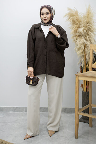 Tesettür Dünyası Πουκάμισο Oversize με τσέπες TSD260167 Πικρό καφέ