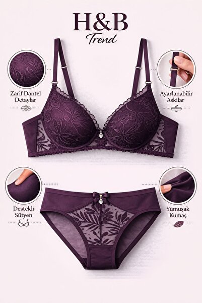 HB TREND Γυναικείο Σετ Σουτιέν και Εσώρουχα με Δαντέλα - Κομψό Σχεδιαστικό Σε...