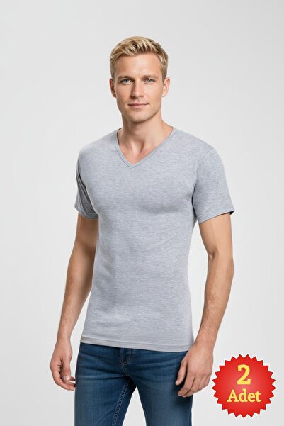fevien Men's Gray Melange 100% Cotton Single Jersey 2-Piece V-Neck Basic T-Sh...