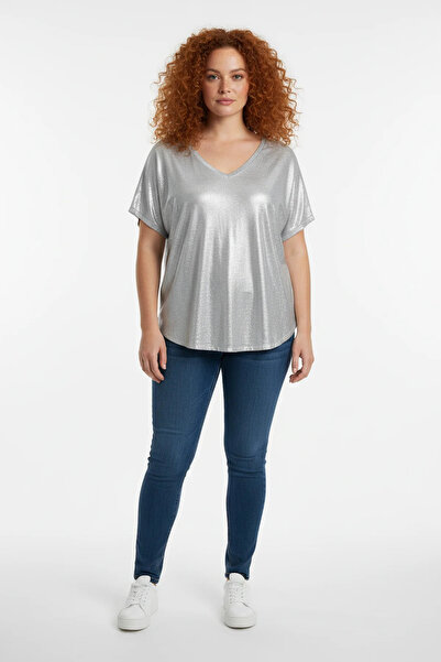 Shape Of You Ασημί μεταλλικό γυαλιστερό μπλουζάκι με λαιμόκοψη V