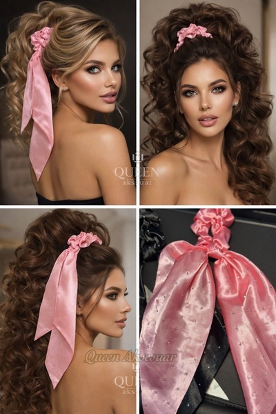 QUEEN AKSESUAR Satin Scarf Scrunchie Hair Clip with Dark Pink Stone Detail an...
