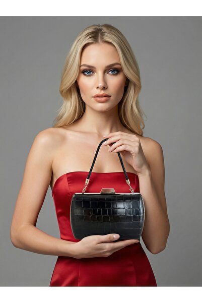 Biçanta Μαύρο Χρώμα Ματ Σχέδιο Κροκόδειλου με Λουράκι Αλυσίδας Γυναικεία Βραδ...