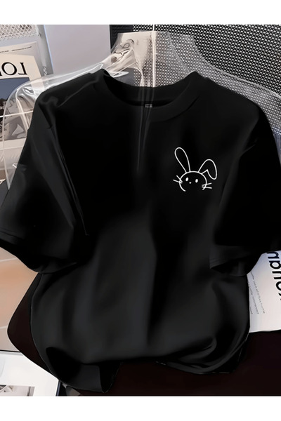 one button Μπλουζάκι μεγάλου μεγέθους με στάμπα χαριτωμένου κουνελιού, Premiu...