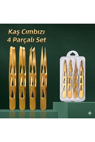 YYB Profesyonel 4'lü Kaş Cımbız Seti - Altın Renkli Paslanmaz Çelik Şık Taşım...