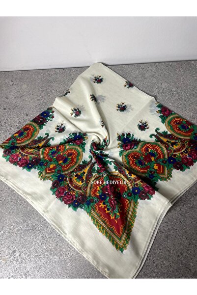 Sobe Hediyelik Mardin Yazması Cream Hijab with Floral Pattern on the Ground –...
