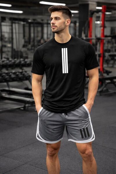 HerTarzınTrendi Ανδρικό σετ μπλουζάκι και σορτς με στάμπα τριών γραμμών, με λ...