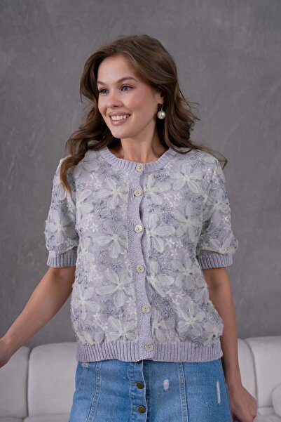 Park Karon 8514 Women's 100% Cotton Crew Neck Buttoned Lace Detailed Knitwear...