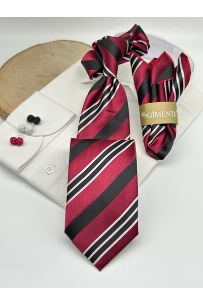 Gutiero Claret Red Black Striped Classic Tie with Handkerchief