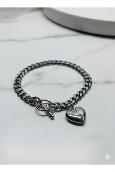 Kaan Accessoire سوار على شكل قلب من الفولاذ المقاوم للصدأ، مع سلسلة سميكة، وق...