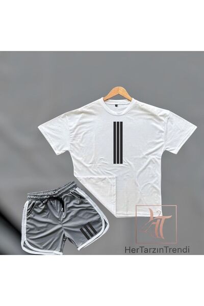 HerTarzınTrendi Ανδρικό σετ μπλουζάκι και σορτς με στάμπα τριών γραμμών, με λ...